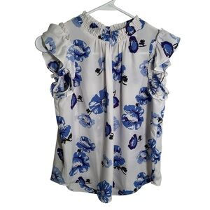 Loft Blouse White Blue Floral Smocked Neck Flutter Sleeve XSP